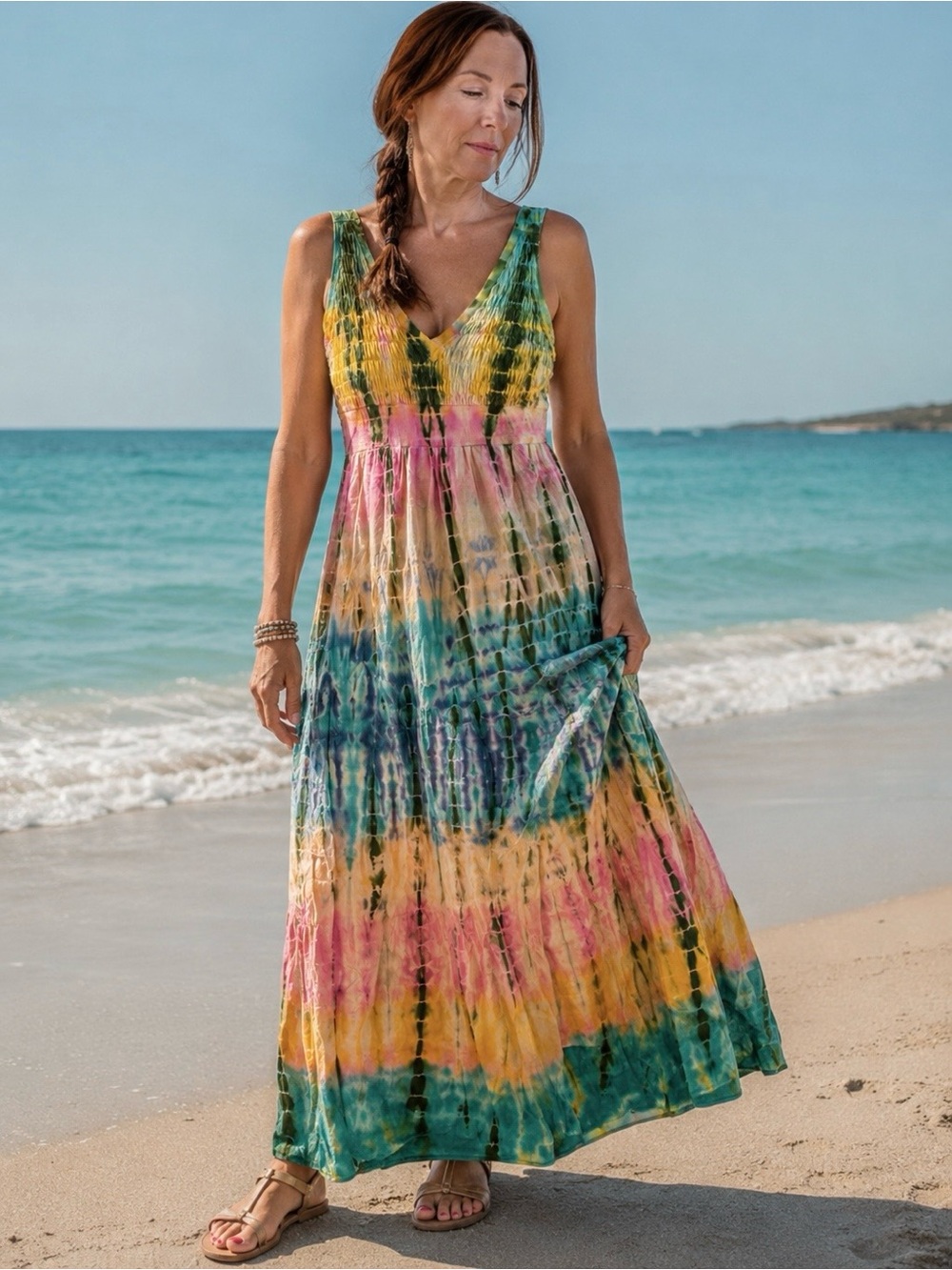 Rainbow Tie-Dye Cotton Maxi Dress | Boho Summer Beach Dress